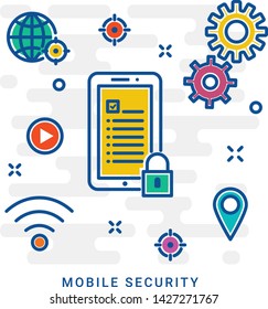 Set of concept line icons for mobile security, mobile services and solutions, data protection. UI/UX kit for web design, applications, mobile interface, infographics and print design. Eps 10