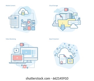 Conjunto de iconos de línea de concepto para servicios y soluciones móviles, almacenamiento en la nube, marketing de vídeo, protección de datos. Kit UI/UX para diseño web, aplicaciones, interfaz móvil, infografía y diseño de impresión. 