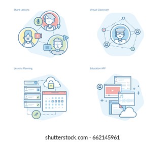 Set of concept line icons for online education, apps, virtual classroom, education network, lecture program for teachers. UI/UX kit for web design, applications, mobile interface, and print design. 