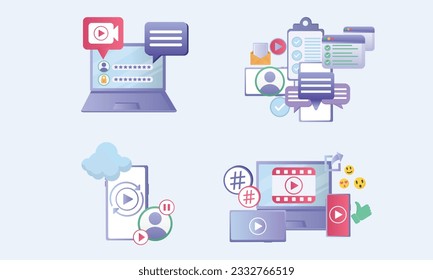 Set of concept line icons for social media video, cloud recording, streaming, online video streaming video security. Set for web design, applications, mobile interface, print design.