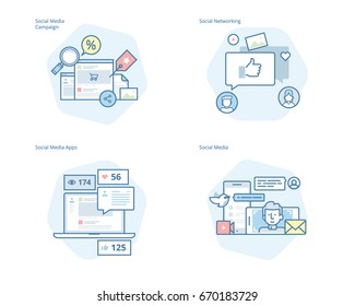 Set Of Concept Line Icons For Social Media, Networking, Marketing, Social Media Campaign And Apps. UI/UX Kit For Web Design, Applications, Mobile Interface, Infographics And Print Design. 