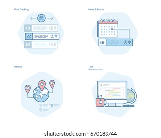 Set of concept line icons for time manager, news and events, meetup, task management, time tracking. UI/UX kit for web design, applications, mobile interface, infographics and print design. 