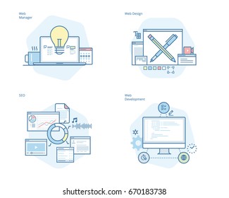 Set Of Concept Line Icons For Web Design And  Development, SEO, Web Manager. UI/UX Kit For Web Design, Applications, Mobile Interface, Infographics And Print Design. 