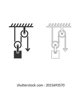 Conjunto de conceptos de mecánica para poleas móviles con carga y cuerda. Ilustración plana