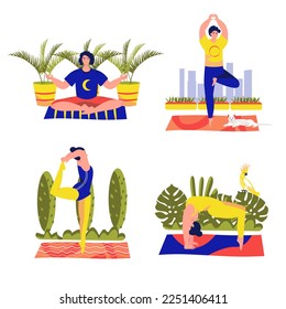 Set concept Men and women doing yoga with people scene in the flat cartoon design. People do yoga exercises to keep their body in a good shape. Vector illustration.