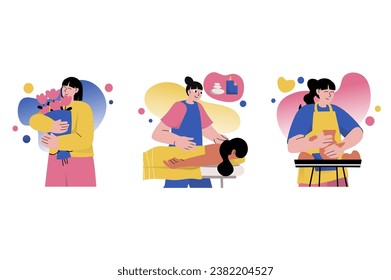 Set concept Mental health with people scene in the flat cartoon style. The girls relax, some receive nice gifts, some get a massage. Vector illustration.