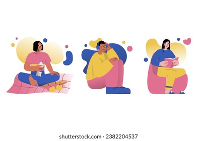 Set concept Mental health with people scene in the flat cartoon style. Young people rest alone to devote time to themselves and their health. Vector illustration.