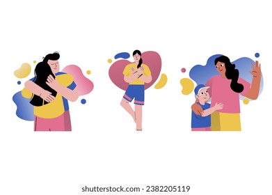 Set concept Mental health with people scene in the flat cartoon design. Young people share love with loved ones through hugs, it improves everyone's mood. Vector illustration.