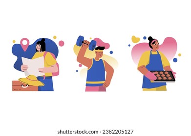Set concept Mental health with people scene in the flat design. Boys and girls try to engage in new activities in order to self-develop and maintain their spiritual state. Vector illustration.