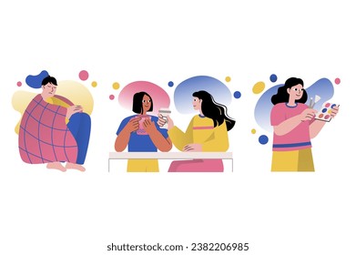 Set concept Mental health with people scene in the flat style. People spend time alone and with friends, so this is how they maintain their mental balance within the norm. Vector illustration.