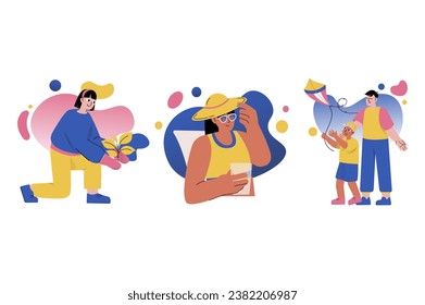 Set concept Mental health with people scene in the flat cartoon design. People spend time outdoor, because it helps to restore strength and gain energy. Vector illustration.