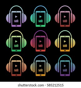Set of concept music icons - headphones with player. Flat style. Minimal design. Vector illustration