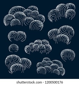 Set of concept night sky, storm, thunder, rain or fog dark clouds. Ink texture background. Vector isolated hand drawn illustration.