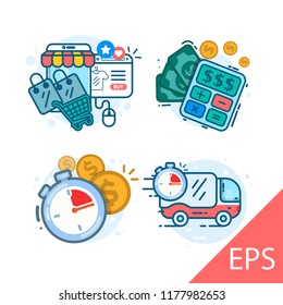 Set. Concept online shopping. Vector modern line design illustration icon