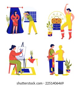 Set Concept People machen ihr Lieblingshobby mit Menschen-Szene im flachen Cartoon-Stil. Die Menschen sind mit Dingen beschäftigt, die ihnen Freude bereiten. Vektorgrafik.