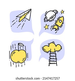 Set concept pictograms of illustration creative symbol in doodle style blue and yellow color. Paper plane, space rocket, falling apple,ladder to the cloud