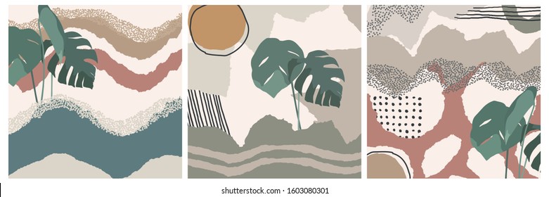Set of concept posters with geometric elements on pastel background. Abstraction nordic paint print. Scandinavian style. Abstract contemporary modern trendy vector illustration