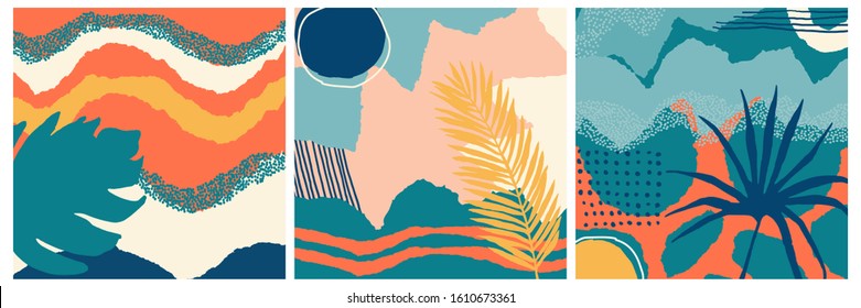 Set of concept posters with geometric elements on pastel background. Abstraction nordic paint print. Colorful collage. Abstract contemporary modern trendy vector illustration