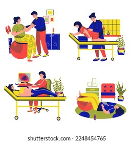 Set concept Pregnancy with people scene in the flat cartoon design. Woman are preparing to become new mothers. Vector illustration.