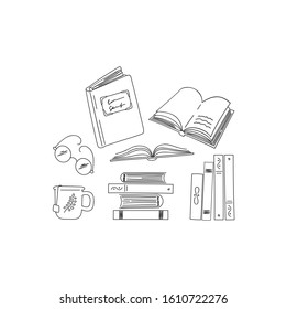 Set of concept reading books, library, literature, bookstore, glasses, cup of tea. Isolated black white illustration on a white background.