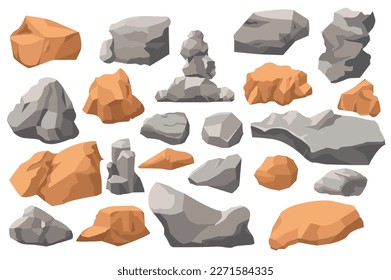 Set concept Rocks and stones without people scene in the flat cartoon design. Image of gray and brown rocks and stones. Vector illustration.