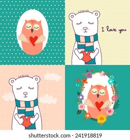 Set of concept romantic cards with cute funny characters. Bright cards with animals in vector. Love background. 