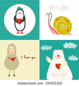 Set of concept romantic cards with cute funny characters. Bright cards with animals in vector. Love background. 
