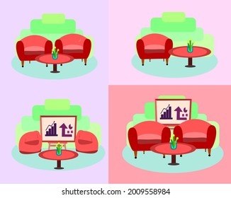 set of concept room business and living room consists of sofa, table and data analysis board, Sofa Chair Red Modern and red table with background concept, 
home interior decoration design elements