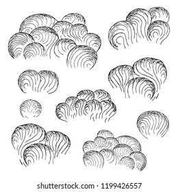 Set of concept sky, storm, thunder, rain or fog dark clouds. Ink texture background. Vector isolated hand drawn illustration.