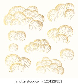 Set of concept sky, storm, thunder, rain or fog golden clouds. Ink texture background. Vector isolated hand drawn illustration.