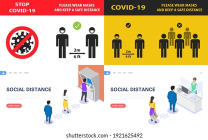 Set concept for social distancing banners, measures of prevention and protection against the spread of covid-19. Flat vector isometric illustration.