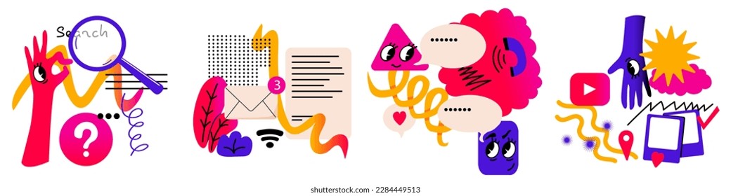 Set. Concept of Social networks. Internet search. Entertaining content - Video, foto, music. Chat, messaging, texting, call. Inbox message. Abstract cute geometric elements. Vector doodle illustration