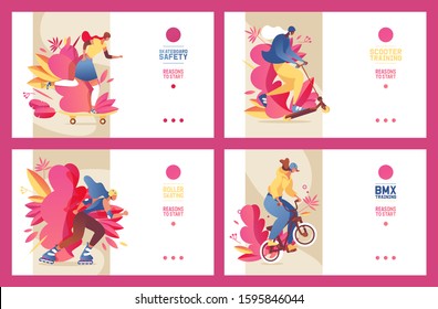 Set of concept sport banners with young girls with active lifestyle. Outdoor vehicles like bmx, scooter, roller skates and skateboard, vivid colors with pink leaves, decoration. Landing page template