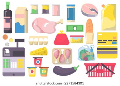 Set concept Supermarket product without people scene in the flat cartoon style. Products which are included in each customers supermarket basket. Vector illustration.