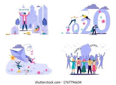 Set of Concept of survive company and business. Economic crisis caused by coronavirus. Flat Art Vector Illustration