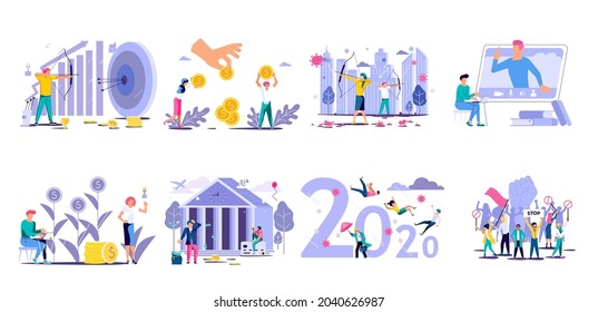 Set of Concept of survive company and business. Economic crisis, Strategy and return on investment. Flat Art Vector Illustration