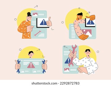 Establecer el concepto Soporte técnico con la escena de la gente en el diseño de dibujos planos. Los empleados del centro de asistencia técnica configuran dispositivos para los clientes. Ilustración vectorial.