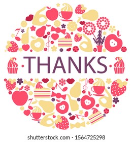 Set, concept: thank you, set of red icons for gratitude on social networks, vector illustration on a white isolated background, apple, pear, coffee, strawberry, candy, lips, flowers, cake