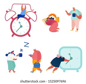 Set of Concept Time Management Illustrations: Businessman in a Hurry, Alarm Clock Rings, Sleeping Woman with Coffee, Man with Watch for Banner, Presentation, Social Media, Posters. Vector