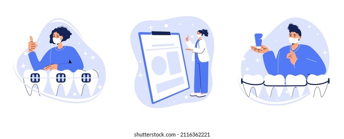 Set of concept vector illustrations of orthodontic care procedure. Dental braces and dental plate, baby braces, teeth replacement, cosmetic dentistry abstract metaphor.