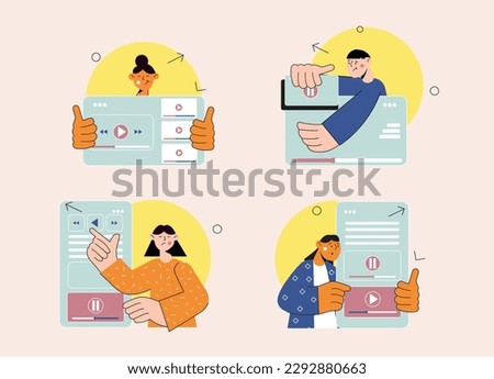 Set concept watching video with people scene in the flat cartoon design. Boys and girls watch different videos on the YouTube. Vector illustration.