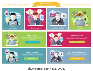 Set of concept work employed freelancer. Government official, office worker, employment and entrepreneur, business job, career and entrepreneurship, workspace illustration