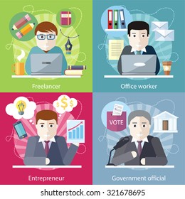 Set Of Concept Work Employed Freelancer. Government Official, Office Worker, Employment And Entrepreneur, Business Job, Career And Entrepreneurship, Workspace In Flat Design