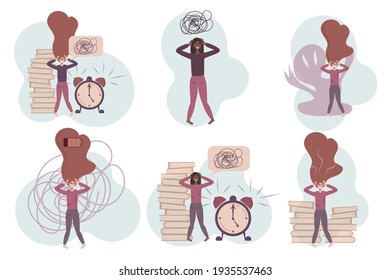 A set of concepts for anxiety disorders. Mixed races, sad, scared women with psychological problems. The girls got confused, burned out at work. Vector illustration