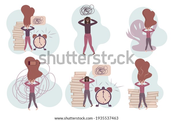 A set of concepts for
anxiety disorders. Mixed races, sad, scared women with
psychological problems. The girls got confused, burned out at work.
Vector illustration