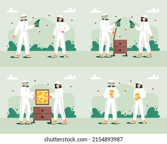 Set of concepts of beekeeping farm. Man and woman in hat and protective uniform use bee smoke, extracting honey and put to a jar.