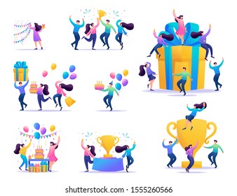 Set of concepts of celebrating the people, to celebrate a birthday, celebrate a party, enjoy the victory, to achieve success.