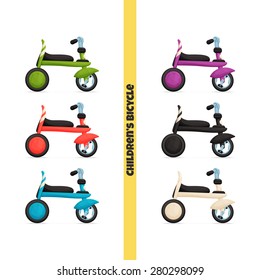 a set of concepts of child bike in different colors on a white background