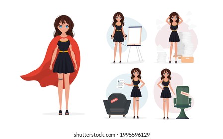A set of concepts with a girl on the topic of business and HR. Cartoon style. For banners, websites, applications and presentations. Vector.