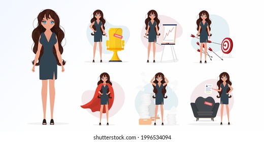 Eine Reihe von Konzepten mit einem Mädchen zum Thema Business und HR. Cartoon-Stil. Für Banner, Websites, Anwendungen und Präsentationen. Vektorgrafik.